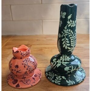 Pink & Green Floral Candlestick Holders